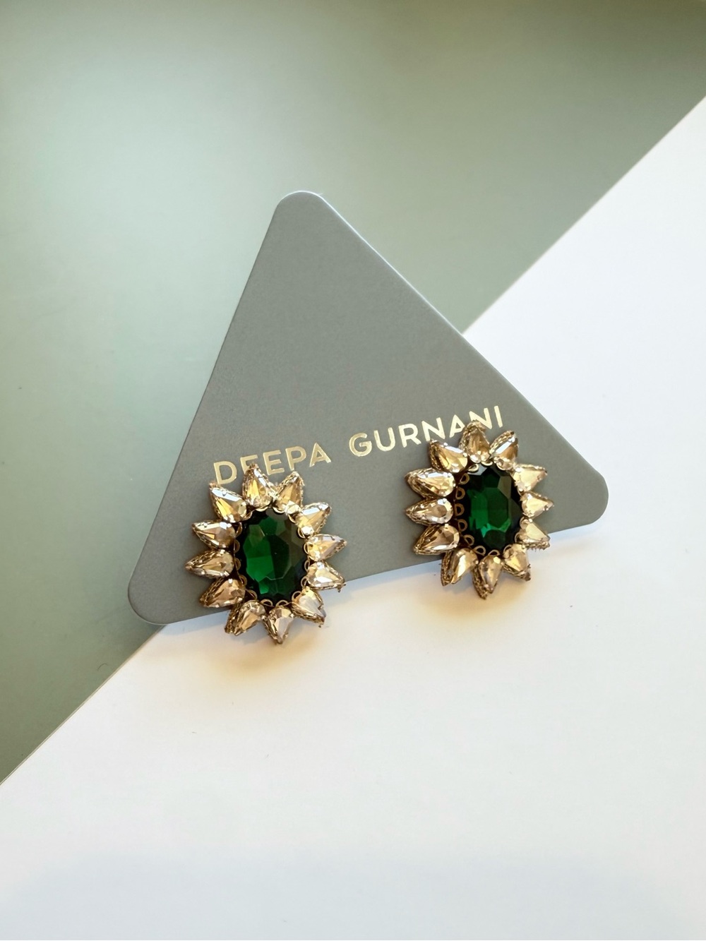 Deepa Gurnani Gelina Emerald Green Crystal Sunburst Earrings handmade $80